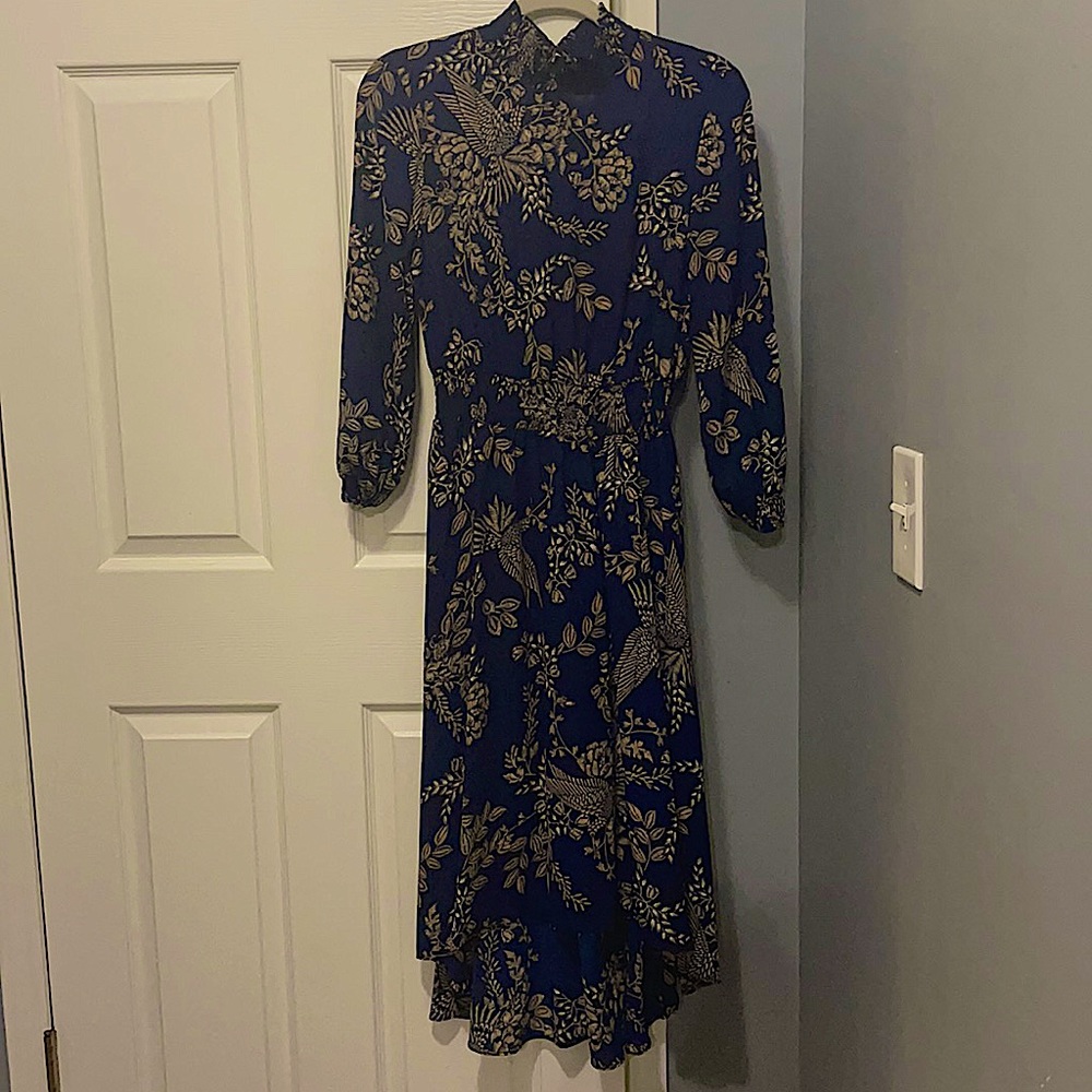 Navy Blue and Gold Bird Print Woman’s Dress